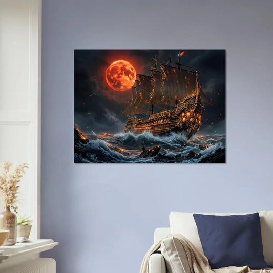 Vibrant canvas print of a fantastical ship under a blood moon in Crimson Reign style