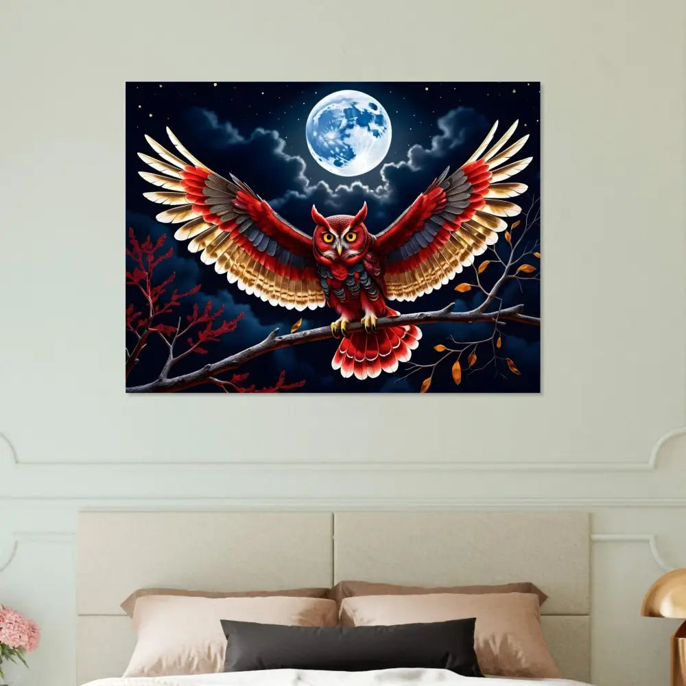 Red owl painting featured on Fine Art Poster Crimson Wings Unfurled by PixiOnyx
