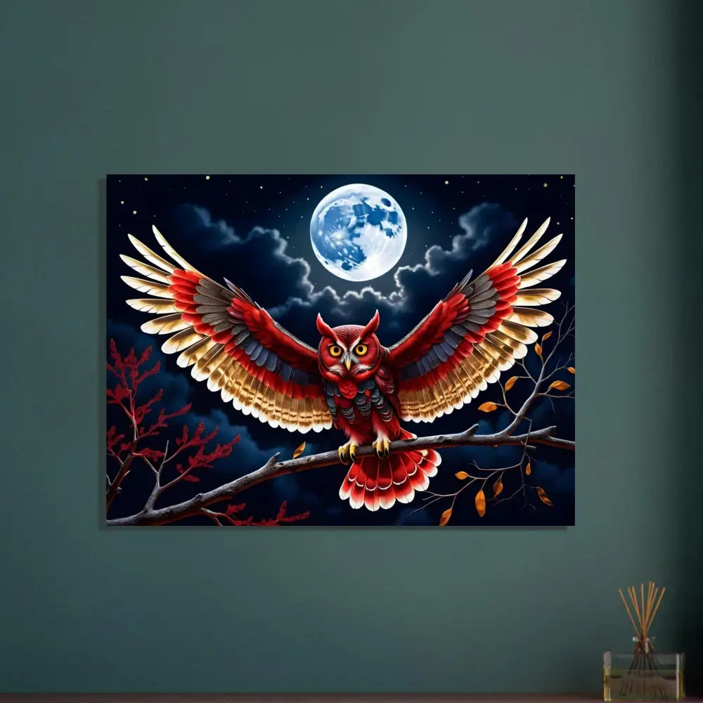 Colorful owl painting featured on Fine Art Poster Crimson Wings Unfurled by PixiOnyx
