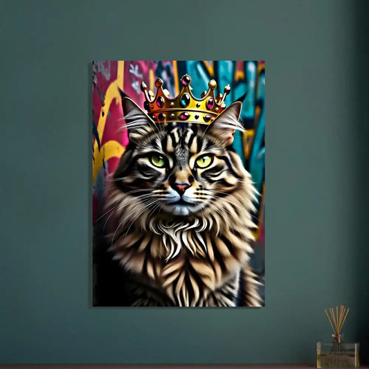 Elegant urban cat wearing a crown on PixiOnyx Regal Urban Cat Art poster