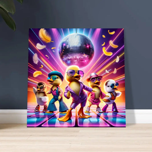 Disco-dancing ducklings art print on adhesive-backed poster for PixiOnyx Retro Absurdist display