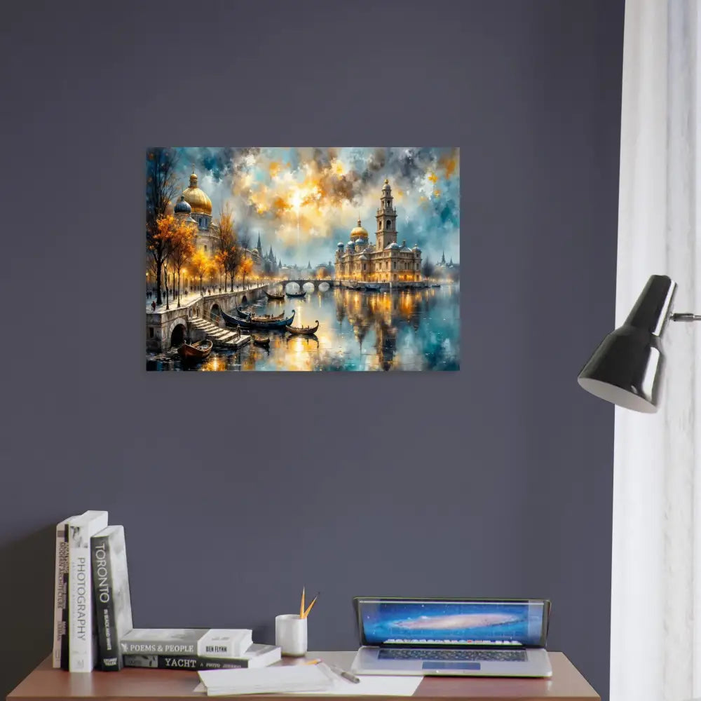 Surreal riverside vista painting of European city at twilight on museum-quality matte paper