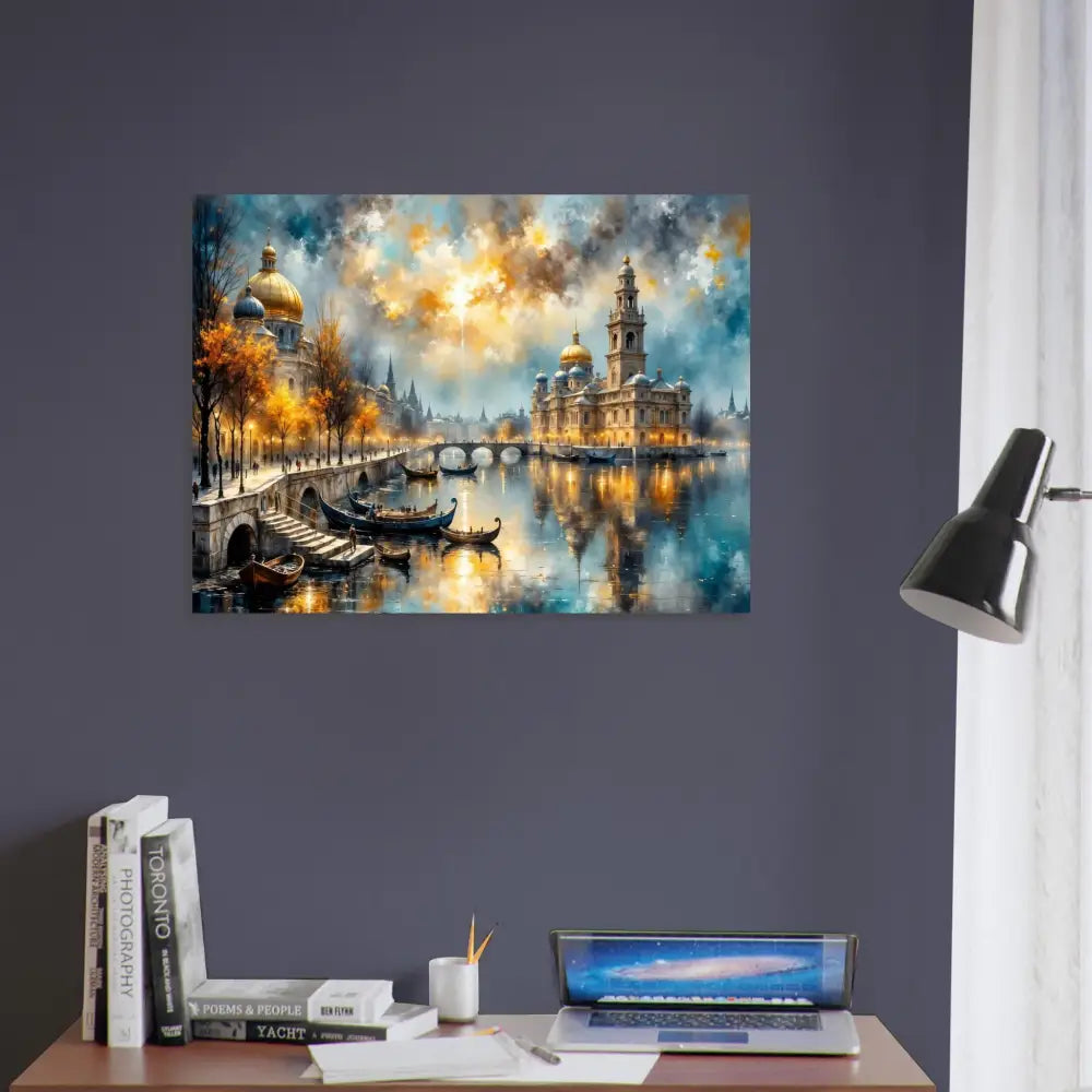Vibrant impressionist European cityscape at dusk with canal reflections on museum-quality matte paper