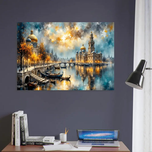 Surreal riverside vista painting on museum-quality matte paper featuring European city architecture