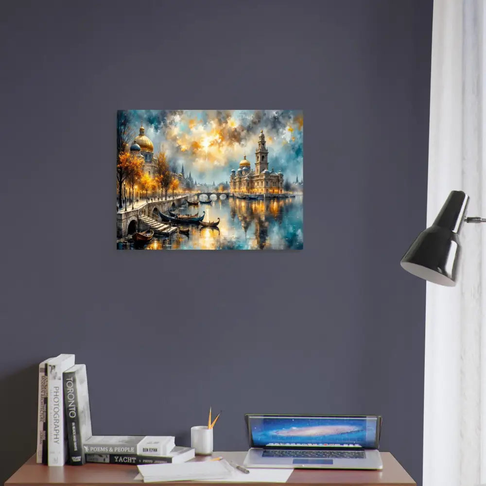 Surreal riverside vista painting on museum-quality matte paper showcasing European city architecture