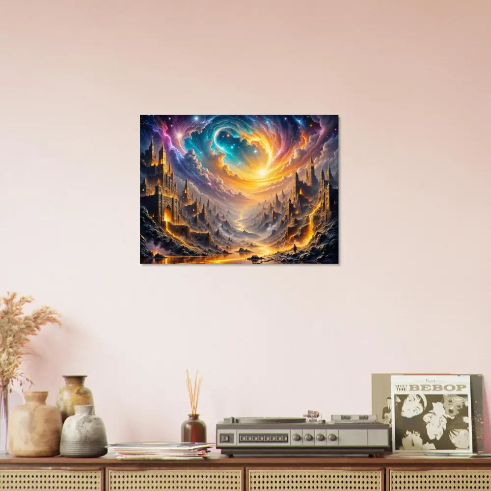 Fine art poster of Eclipsed Citadel with golden fortress cities and celestial vortex