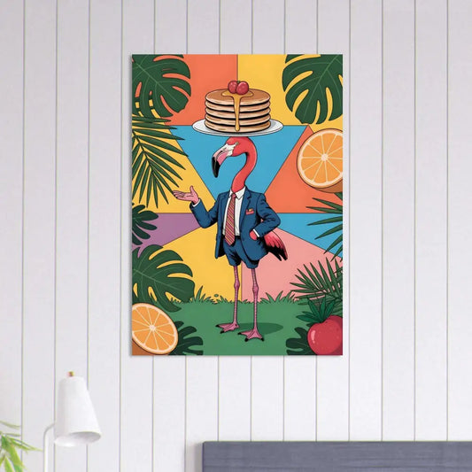 Fine art poster featuring a flamingo waiter balancing pancakes amid tropical leaves and fruit