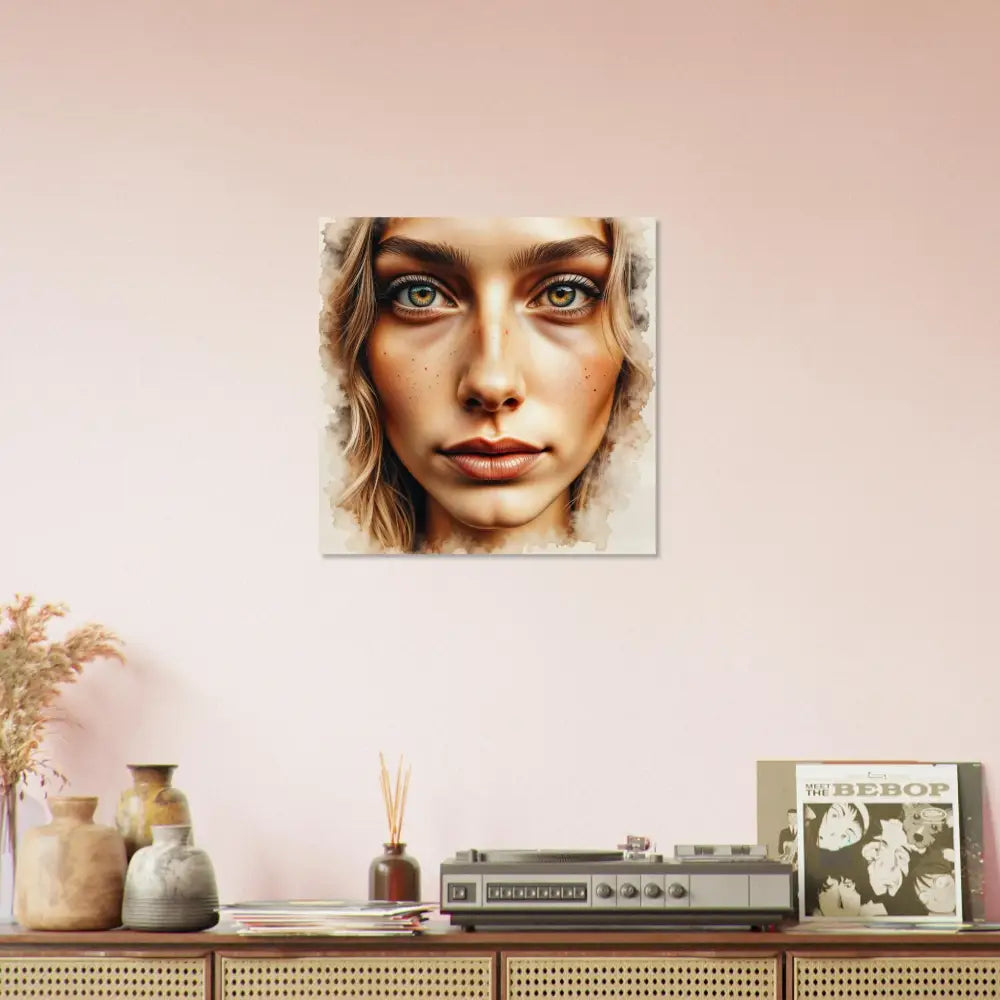 Watercolor-style portrait of woman with light green eyes and wavy blonde hair for Freckled Focus poster