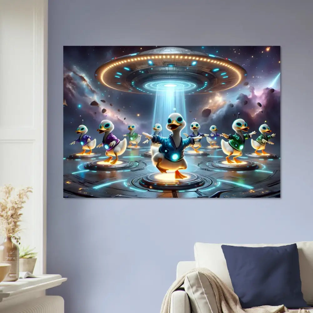 Humorous alien abduction duck art on PixiOnyx Galactic Dance Crew poster