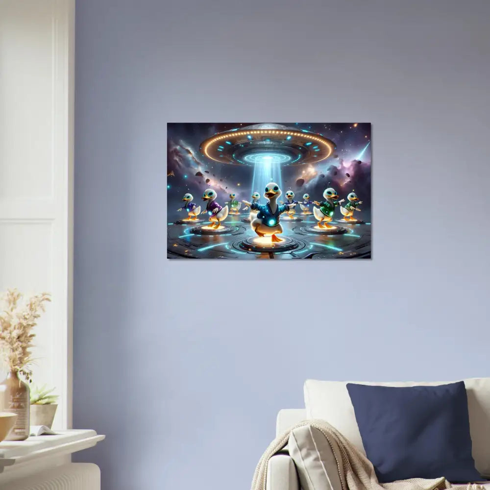 Framed alien duck abduction art on a cosmic-themed Fine Art Poster titled Galactic Dance Crew