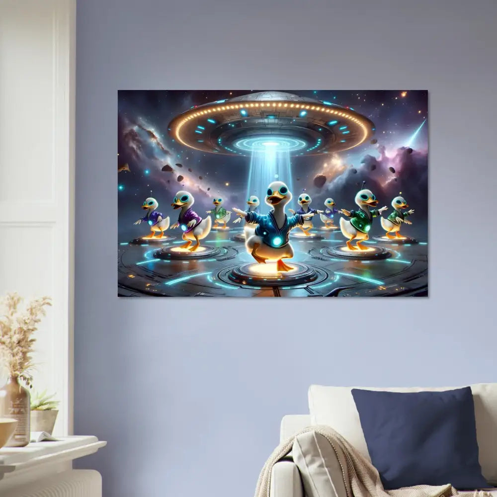 Humorous alien abduction duck artwork on PixiOnyx Cosmic Animal Pop poster