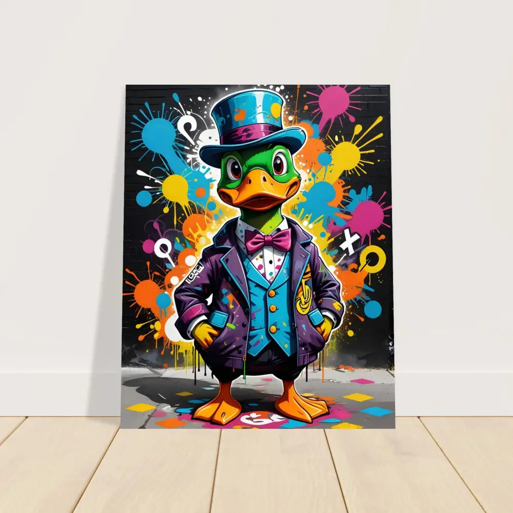 Colorful cartoon duck in formal attire for Fine Art Poster – Gangster Duck Swagger PixiOnyx