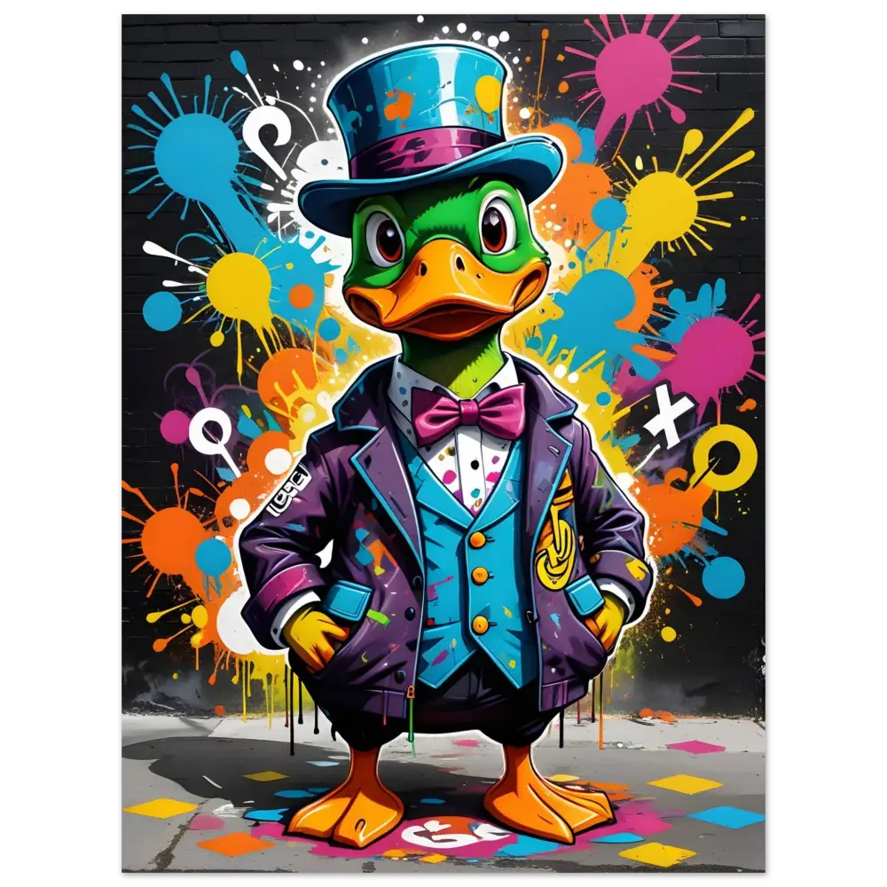 Dapper duck in colorful suit and top hat on Fine Art Poster Gangster Duck Swagger