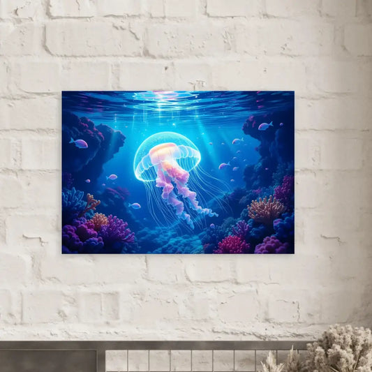 Vibrant Jellyfish Underwater Scene on Fine Art Poster Glowing Wanderer Cosmic Drift