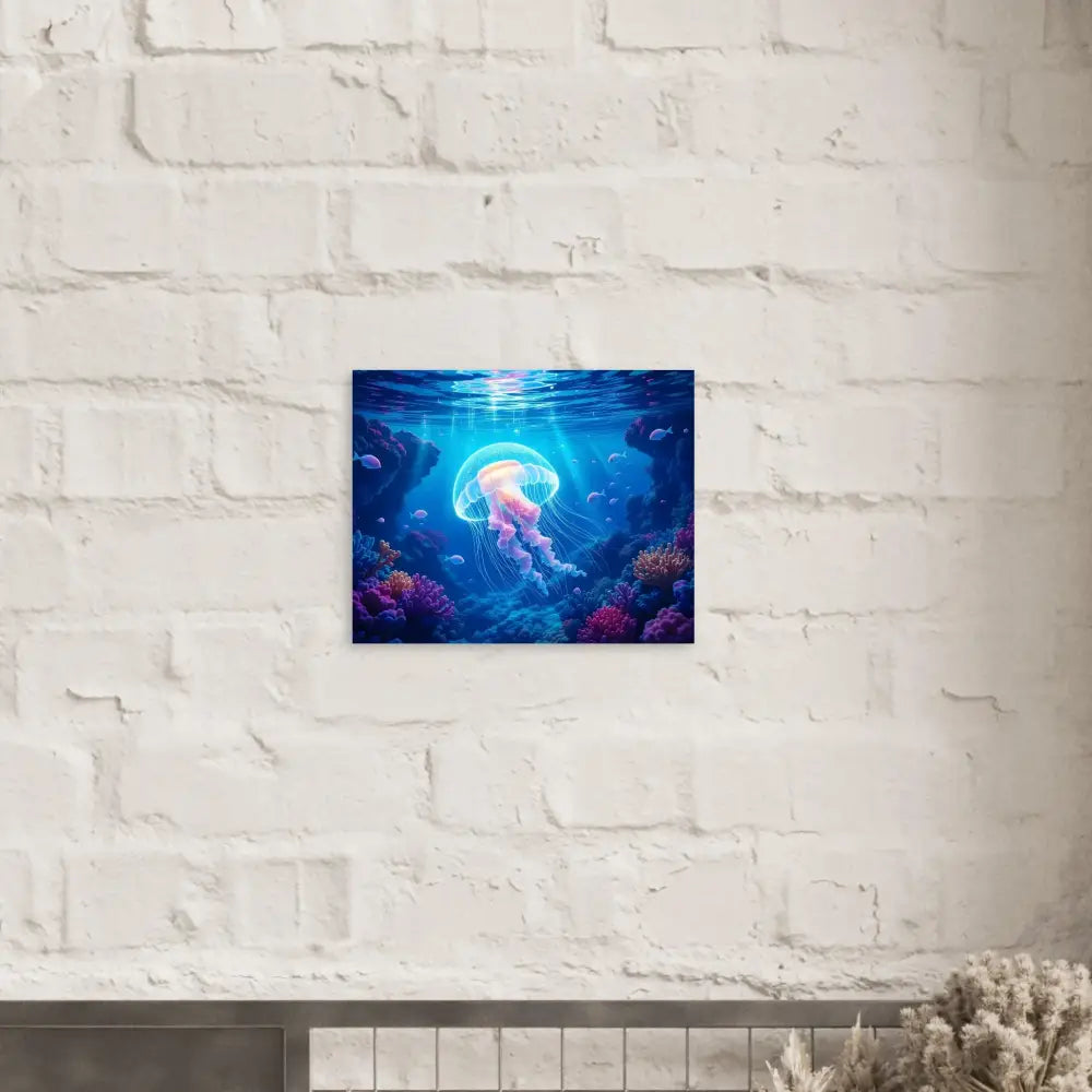 Underwater jellyfish art displayed on Fine Art Poster Glowing Wanderer Cosmic Drift PixiOnyx Ocean Reverie