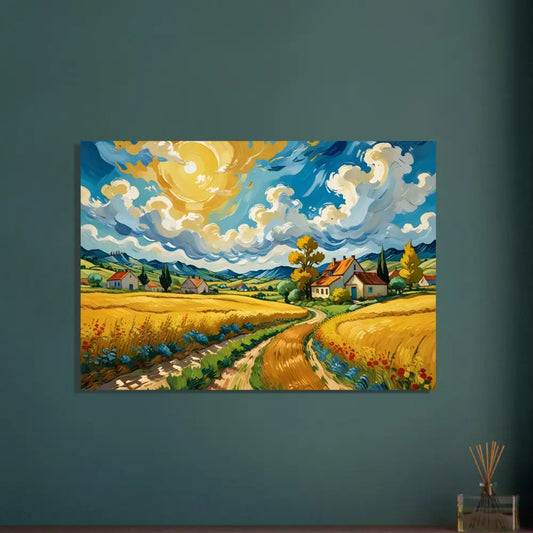 Vibrant landscape painting of golden fields in the Fine Art Poster Golden Fields Reverie