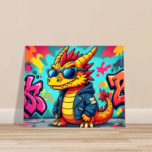 Cartoon dragon wearing sunglasses and jacket on Graffiti Groove Dragon Fine Art Poster