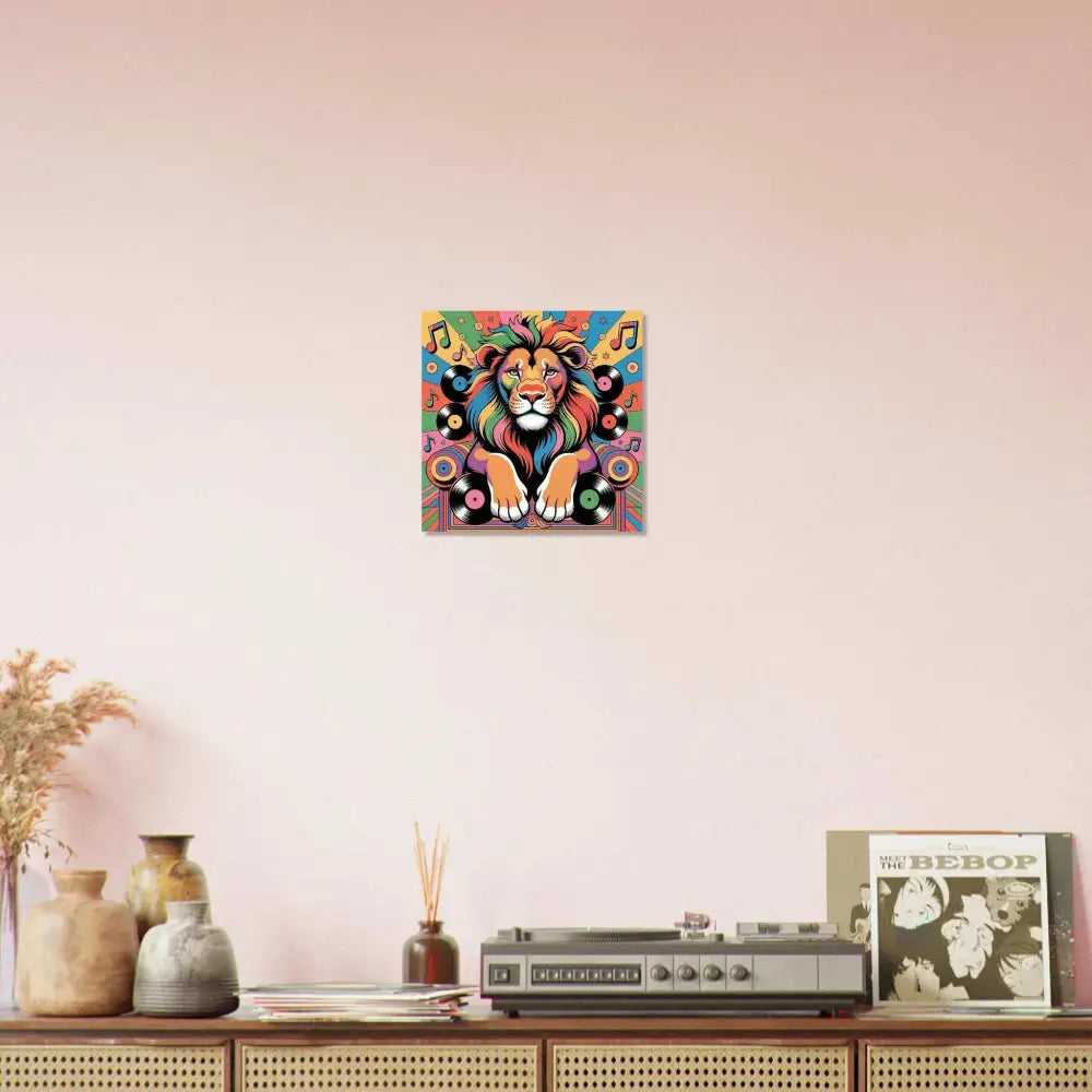 Vibrant jungle royalty meets music in Groove King fine art lion poster by PixiOnyx