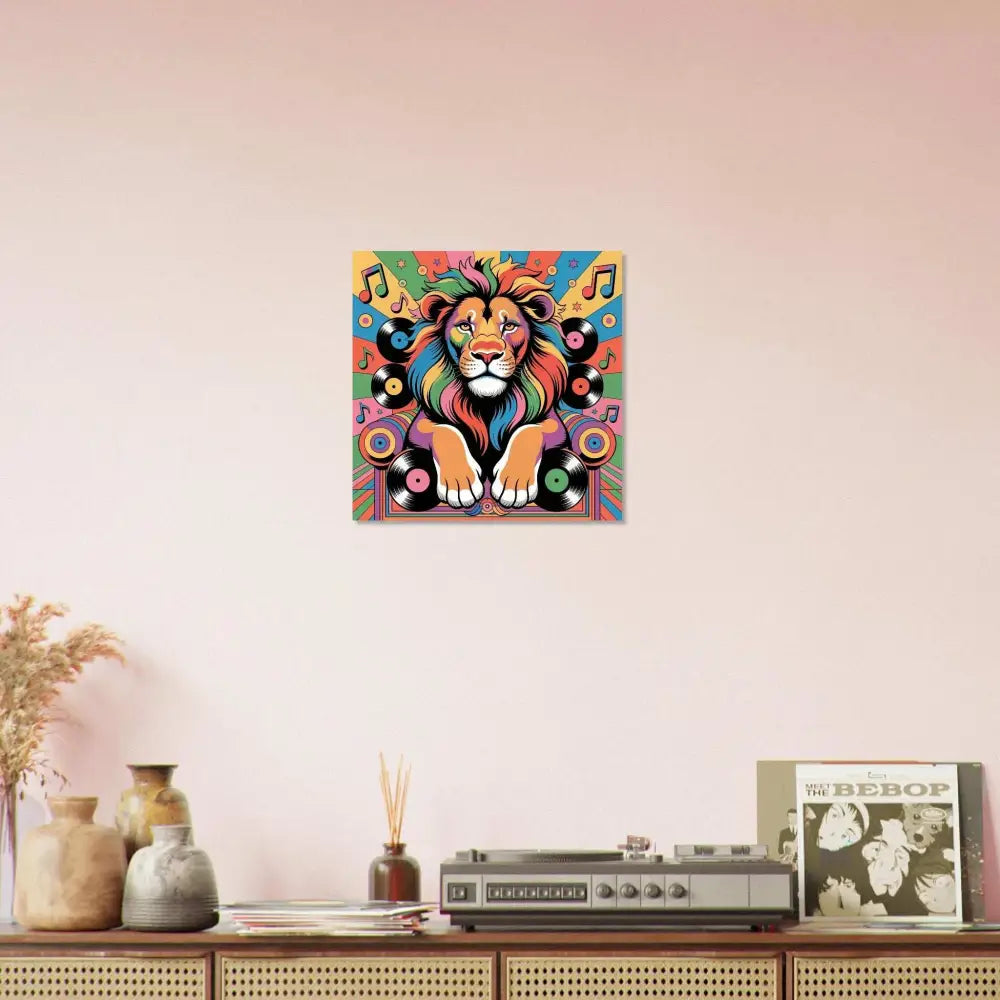 Colorful pop art lion head with musical notes and vinyl records for Groove King fine art poster