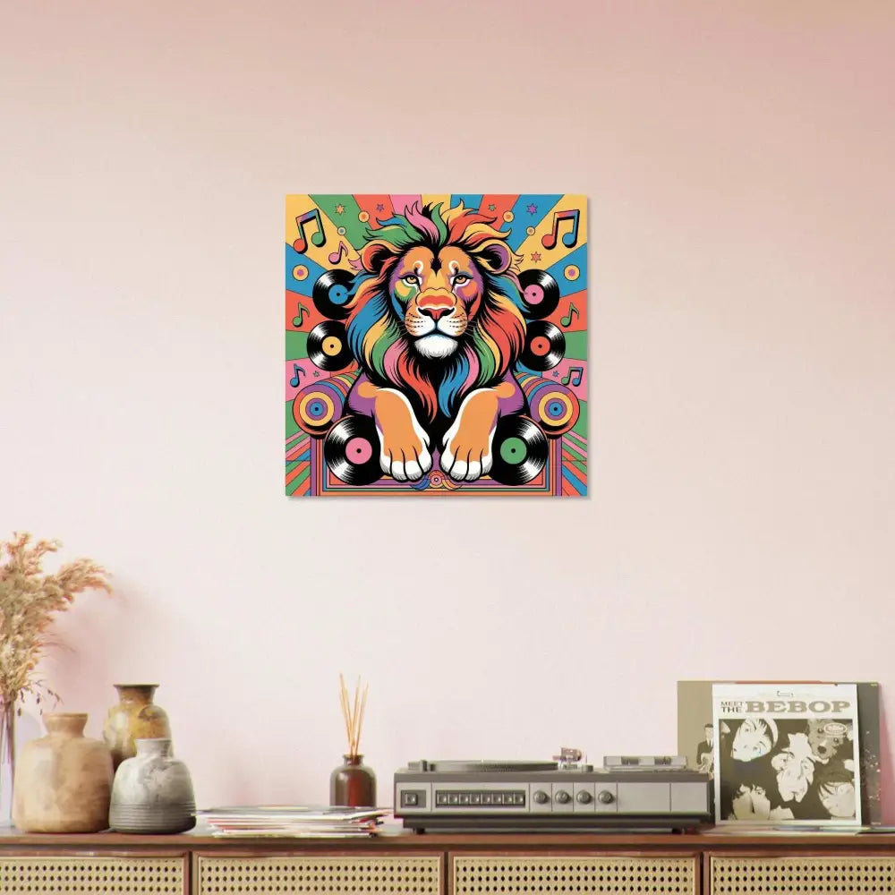 Colorful lion art print with musical notes and vinyl records showcasing Groove King jungle royalty meets fine art