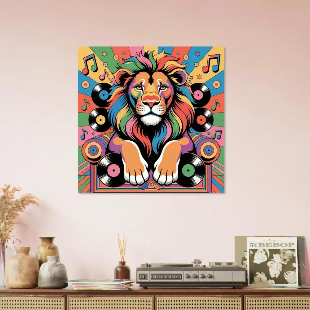 Colorful psychedelic lion art print featuring vinyl records and musical notes, perfect for groove king fans