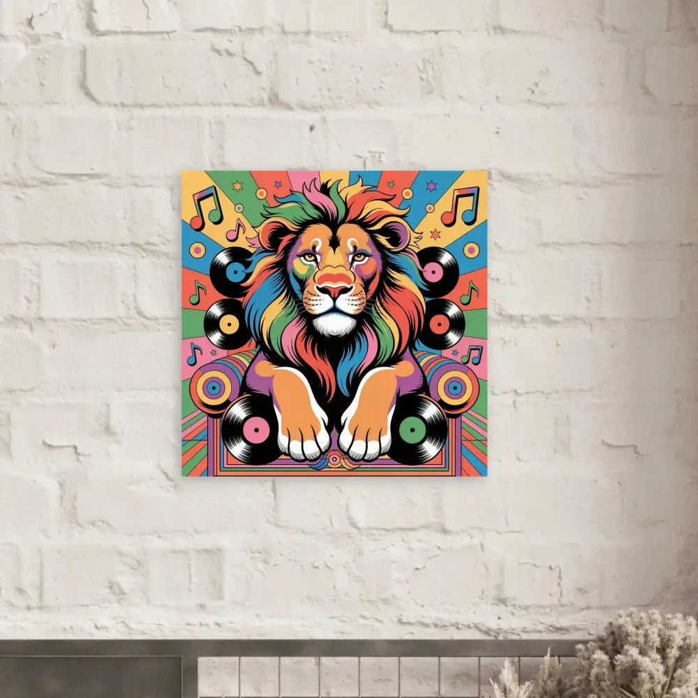 Vibrant fine art poster of Groove King lion with musical notes and vinyl records