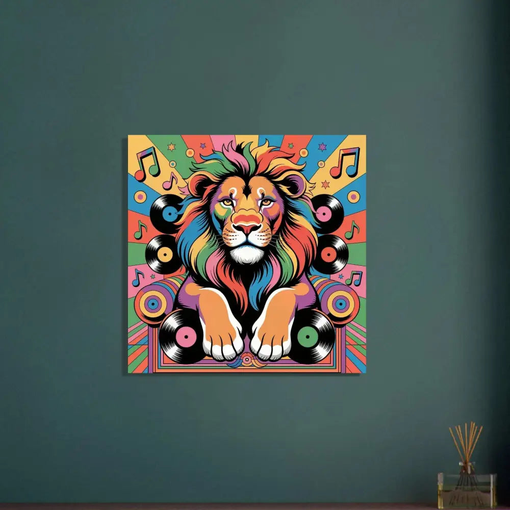 Colorful pop art lion with musical notes and vinyl records for Groove King fine art poster