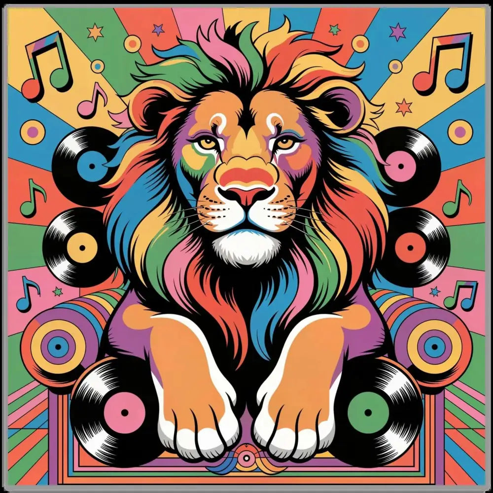 Vibrant lion illustration with rainbow mane, music notes, vinyl records for Groove King fine art poster