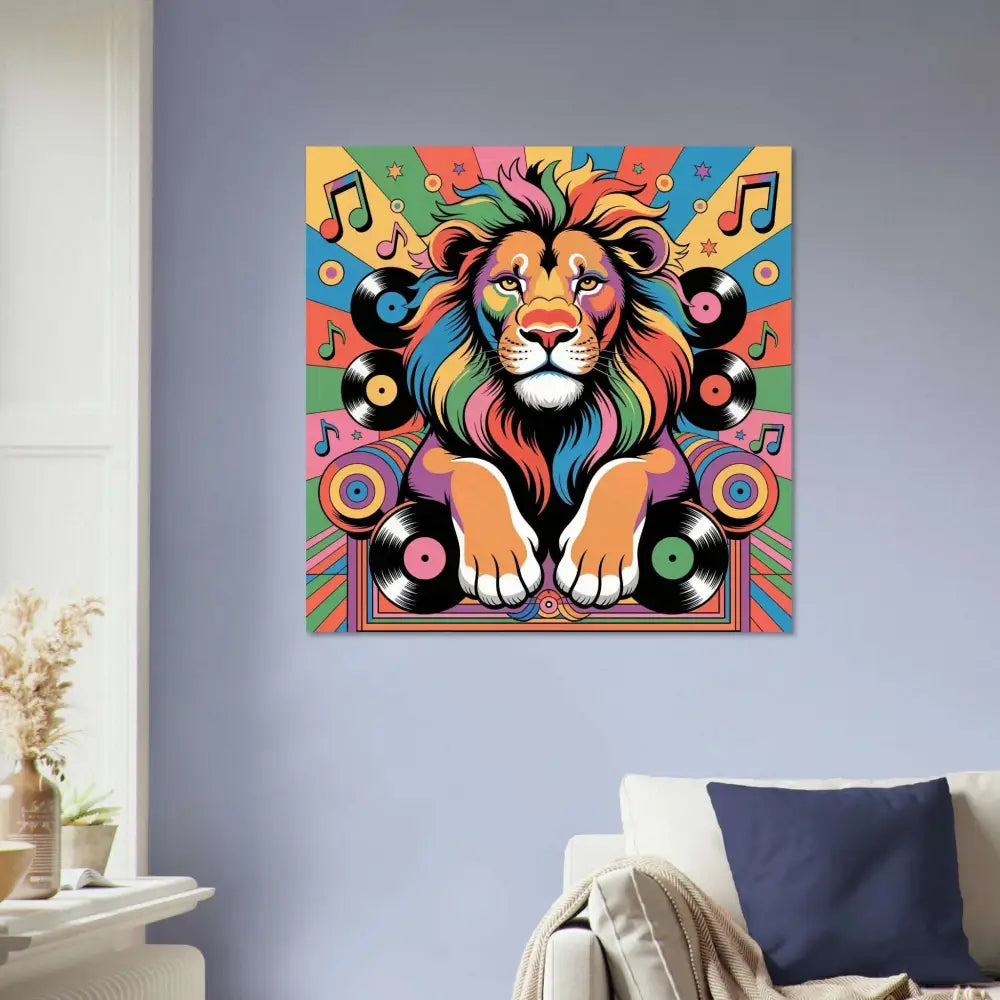 Colorful lion art print with musical notes and vinyl records for Groove King fine art