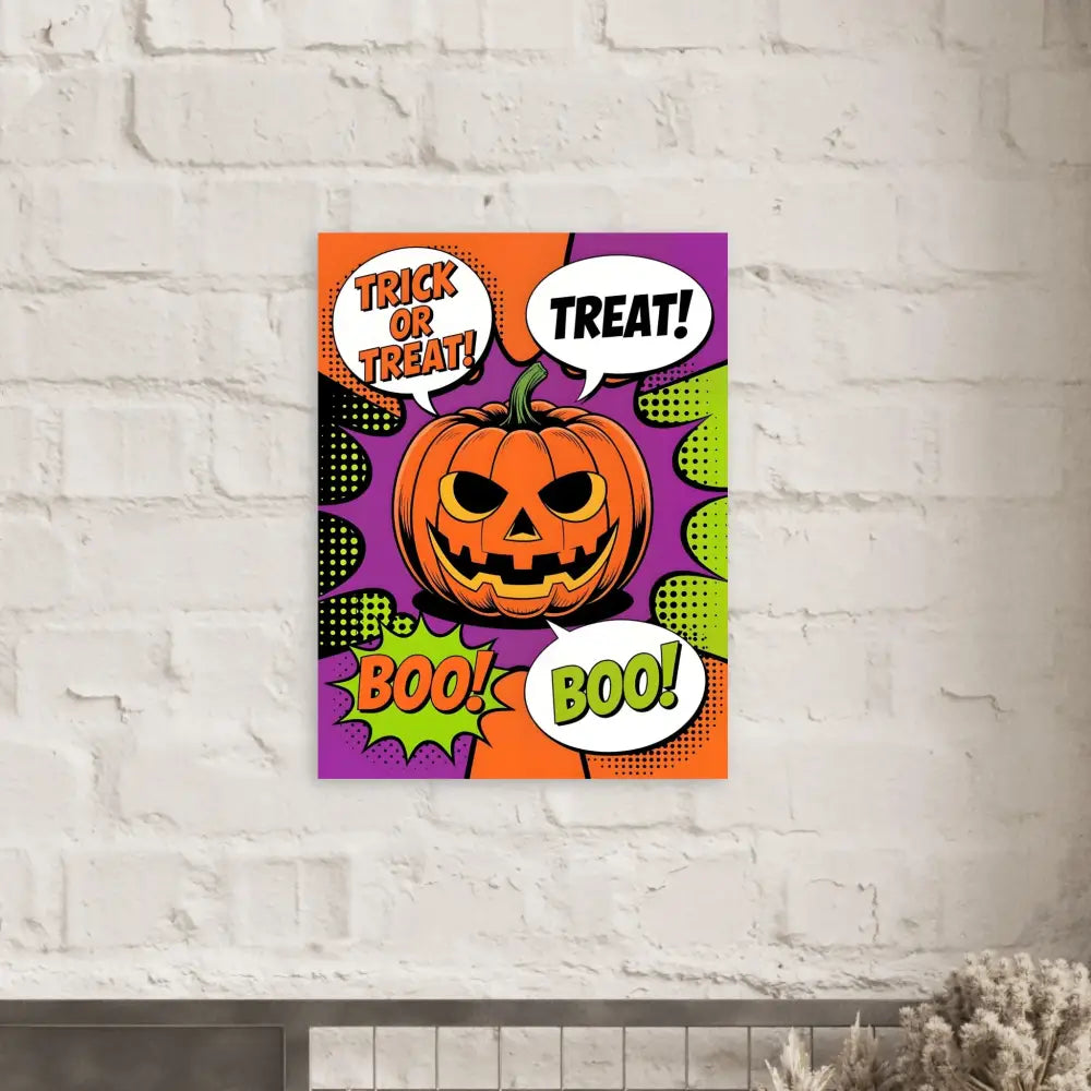 Halloween pop art comic print featuring a vibrant pop art pumpkin and jack-o’-lantern