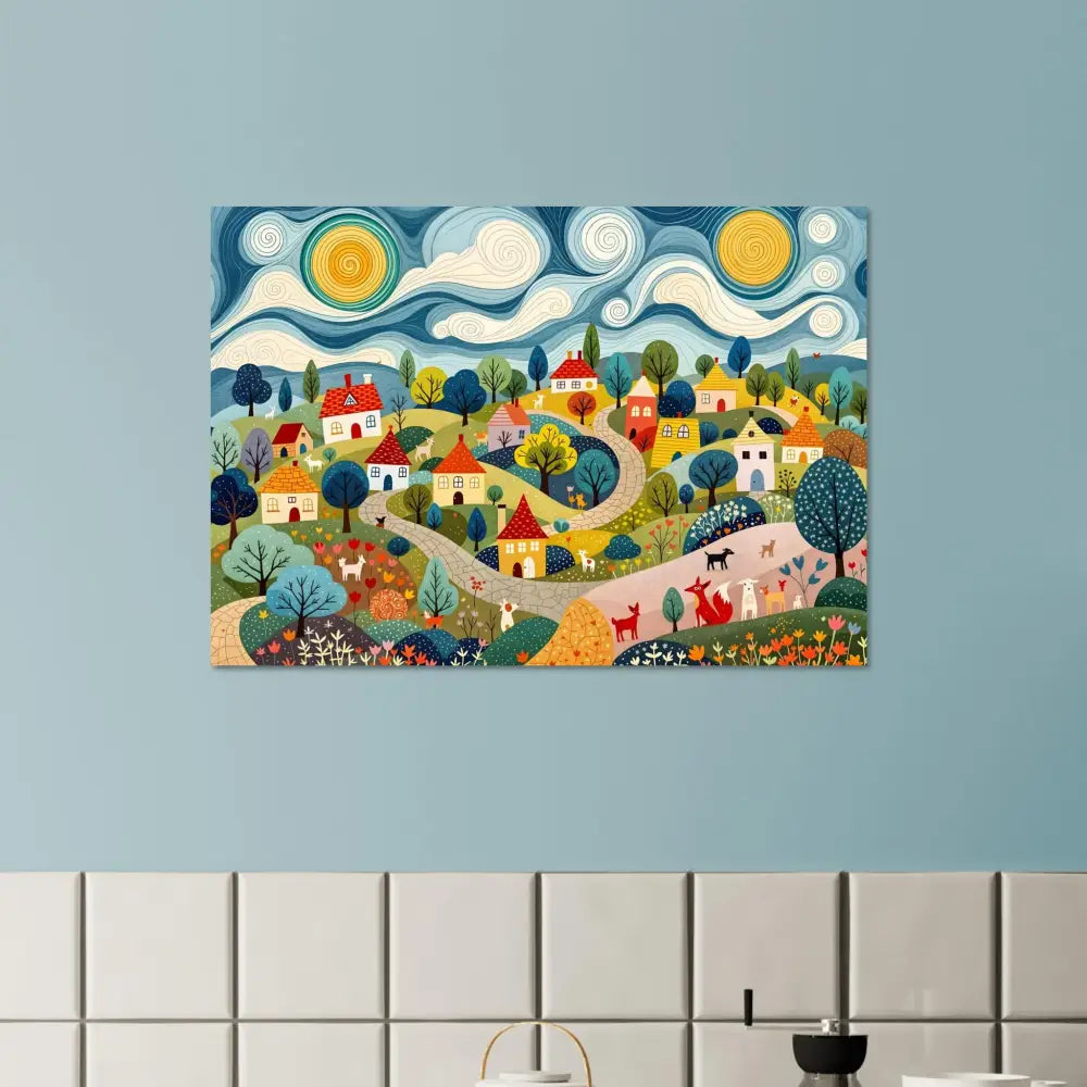 Whimsical village painting from Fine Art Poster Hillside Harmony PixiOnyx Folk Village Print
