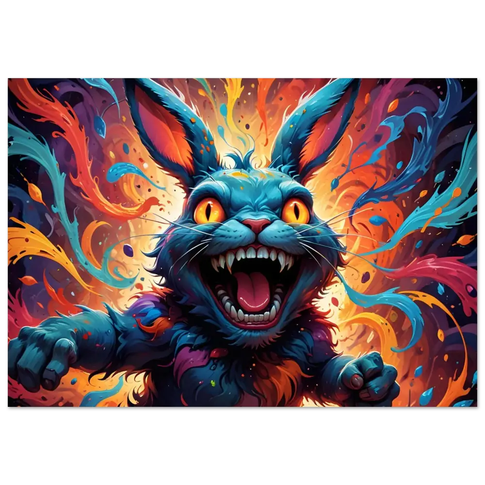 Fearsome colorful cartoon rabbit from PixiOnyx Inferno Giggle poster