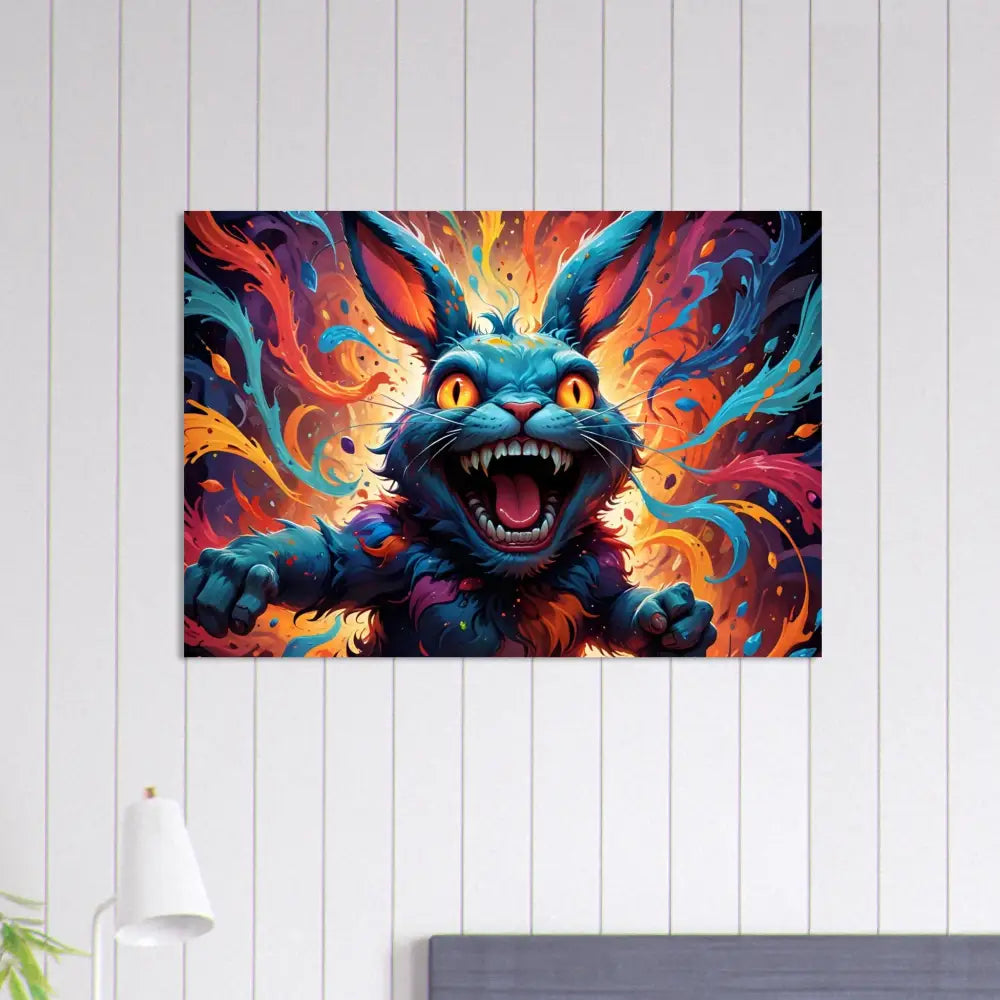 Colorful snarling rabbit artwork from PixiOnyx Inferno Giggle poster in Volcanic Absurdism style