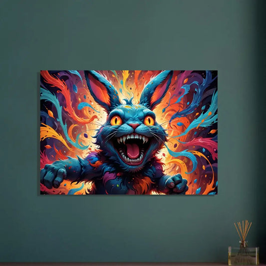Colorful menacing rabbit artwork from Fine Art Poster Inferno Giggle by PixiOnyx Volcanic Absurdism