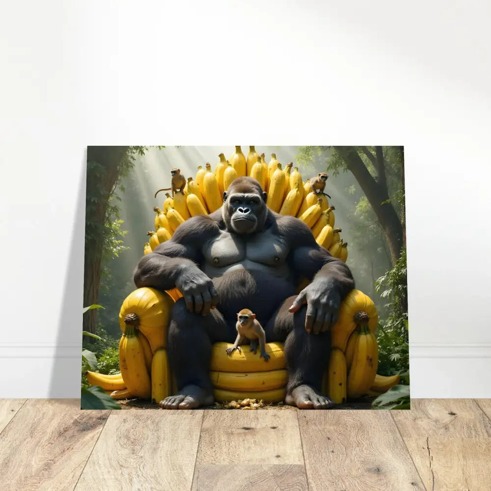 Gorilla sitting on a banana throne for the Fine Art Poster King Kong’s Banana Throne by PixiOnyx