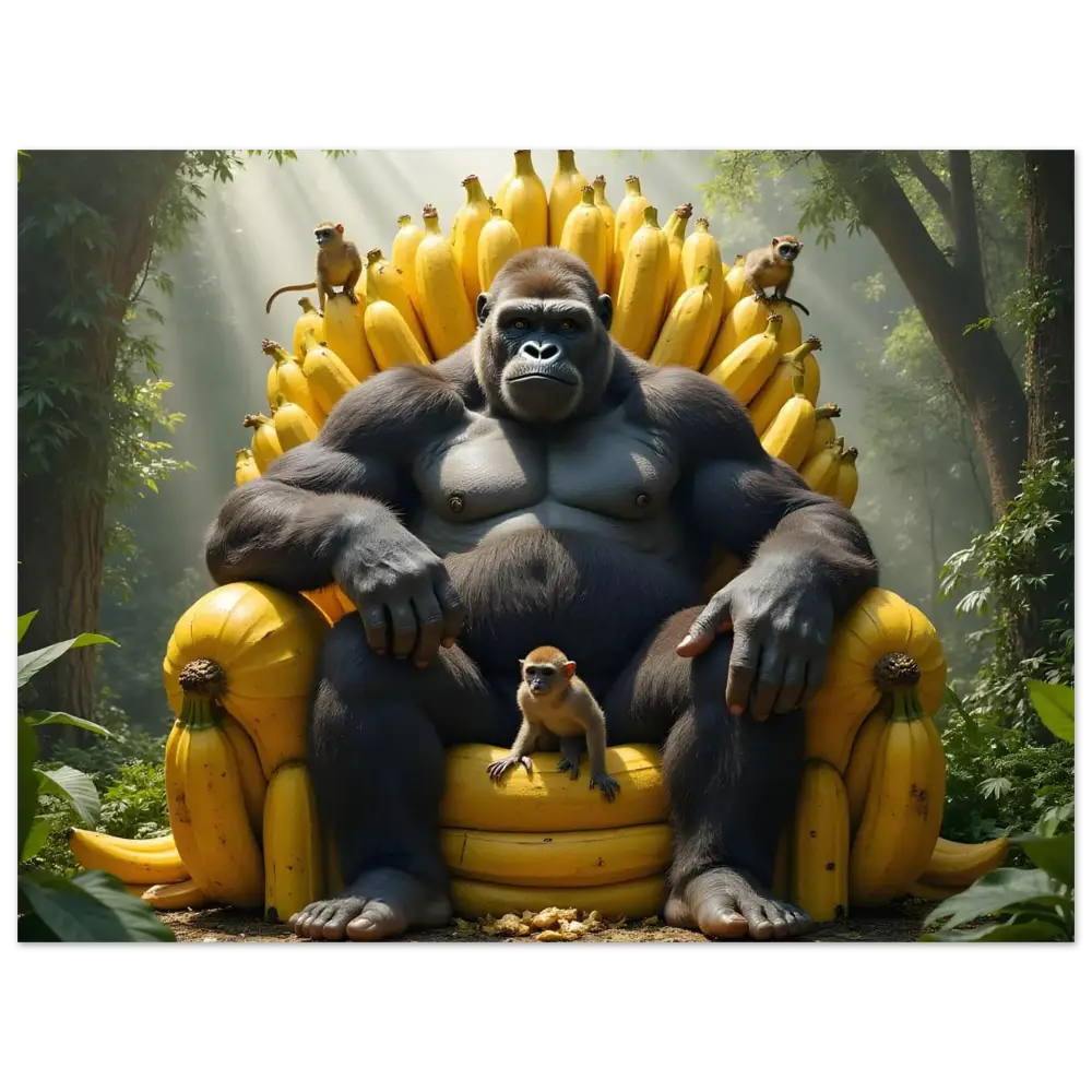 Gorilla sitting on a banana throne in Fine Art Poster King Kong’s Banana Throne PixiOnyx