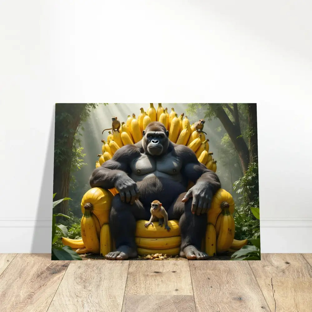 Banana throne gorilla art poster featuring King Kong on PixiOnyx Primate Royalty