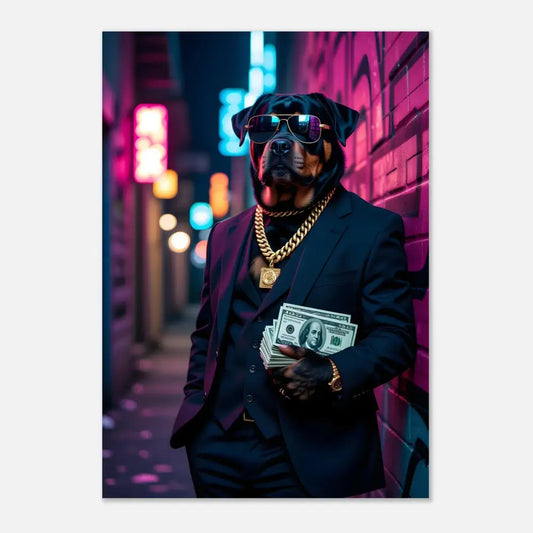 Rottweiler in suit holding cash for PixiOnyx Urban Swagger Print poster