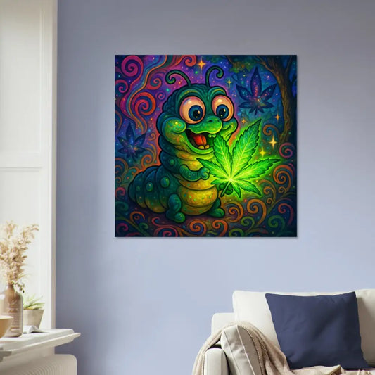 Cartoon caterpillar with marijuana leaf on PixiOnyx Psychedelic Decor poster