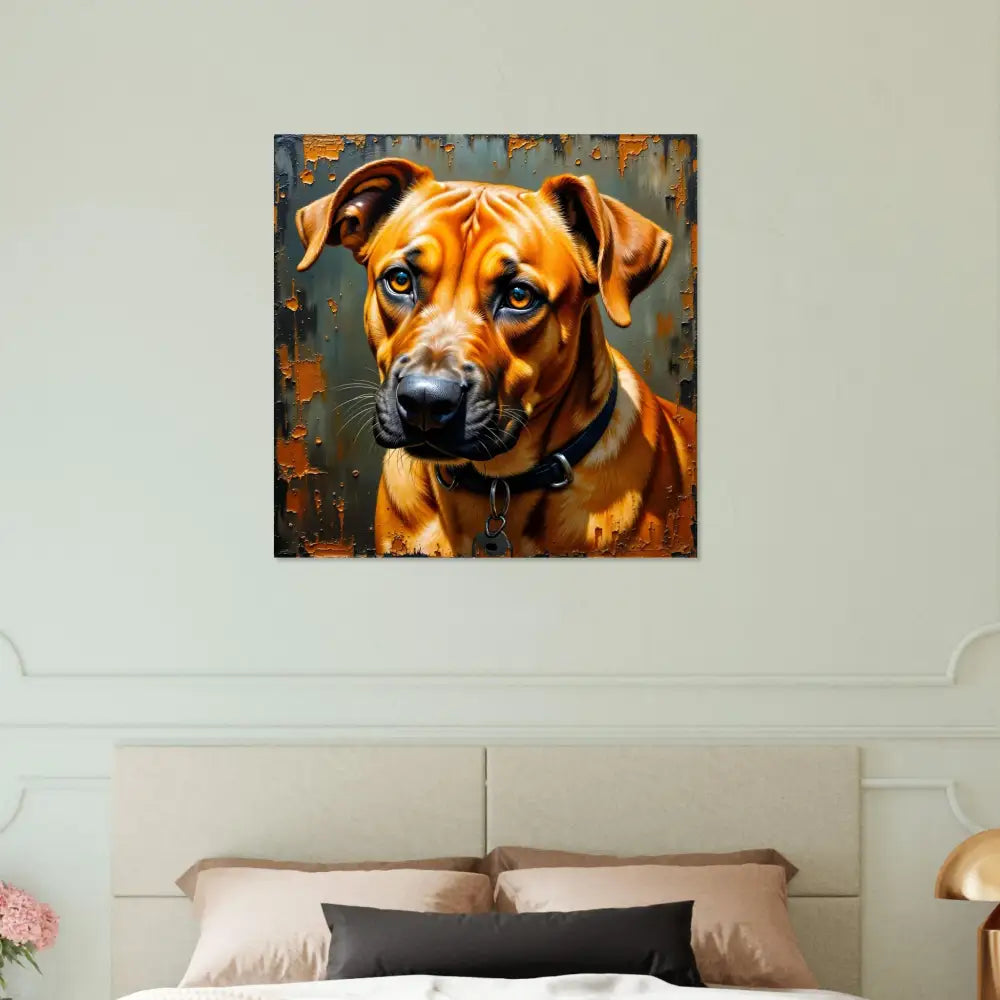 Fine art square canvas print of a tan dog with black collar showcasing loyal companion’s gaze