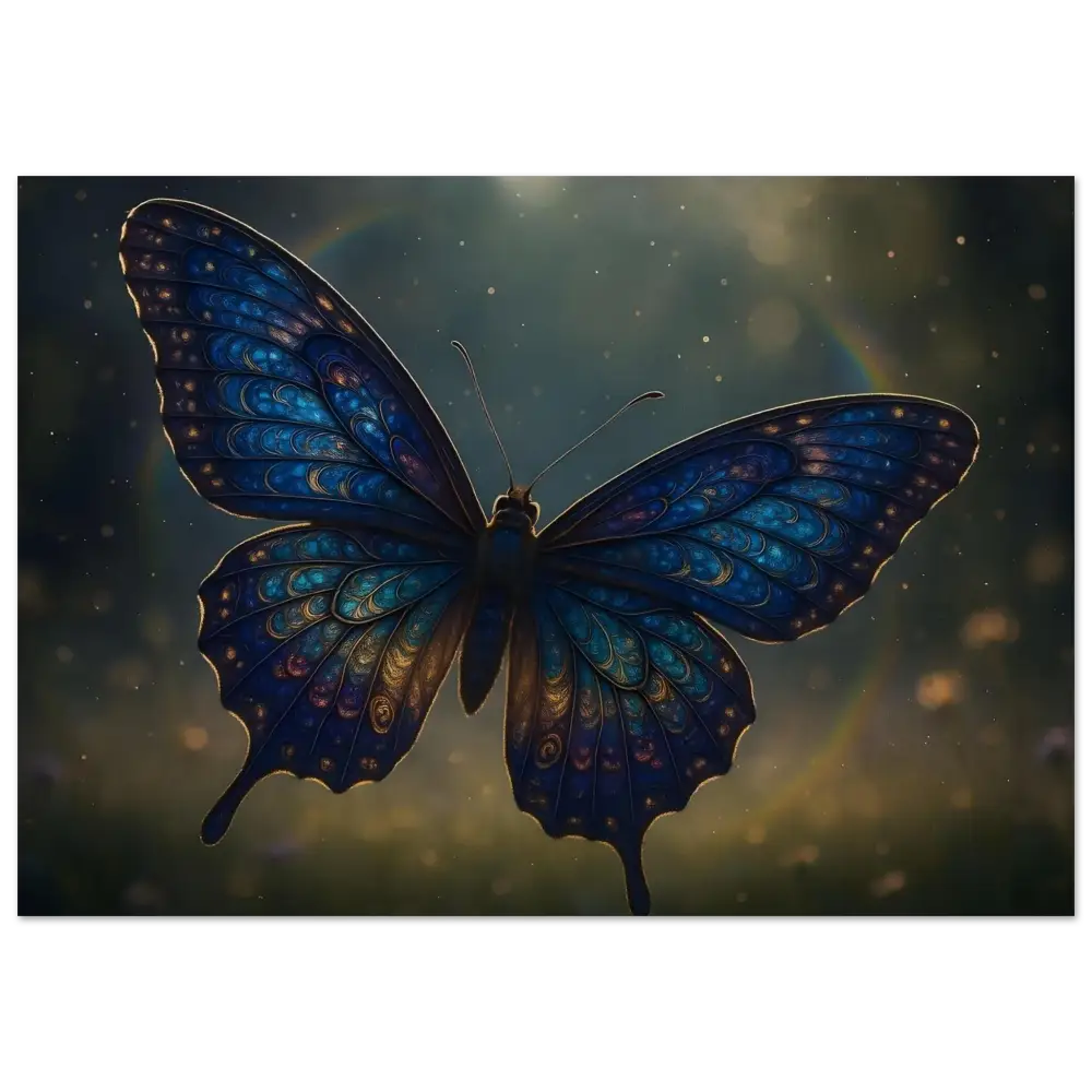 Intricate iridescent blue butterfly on PixiOnyx Winged Elegance Nature Print poster