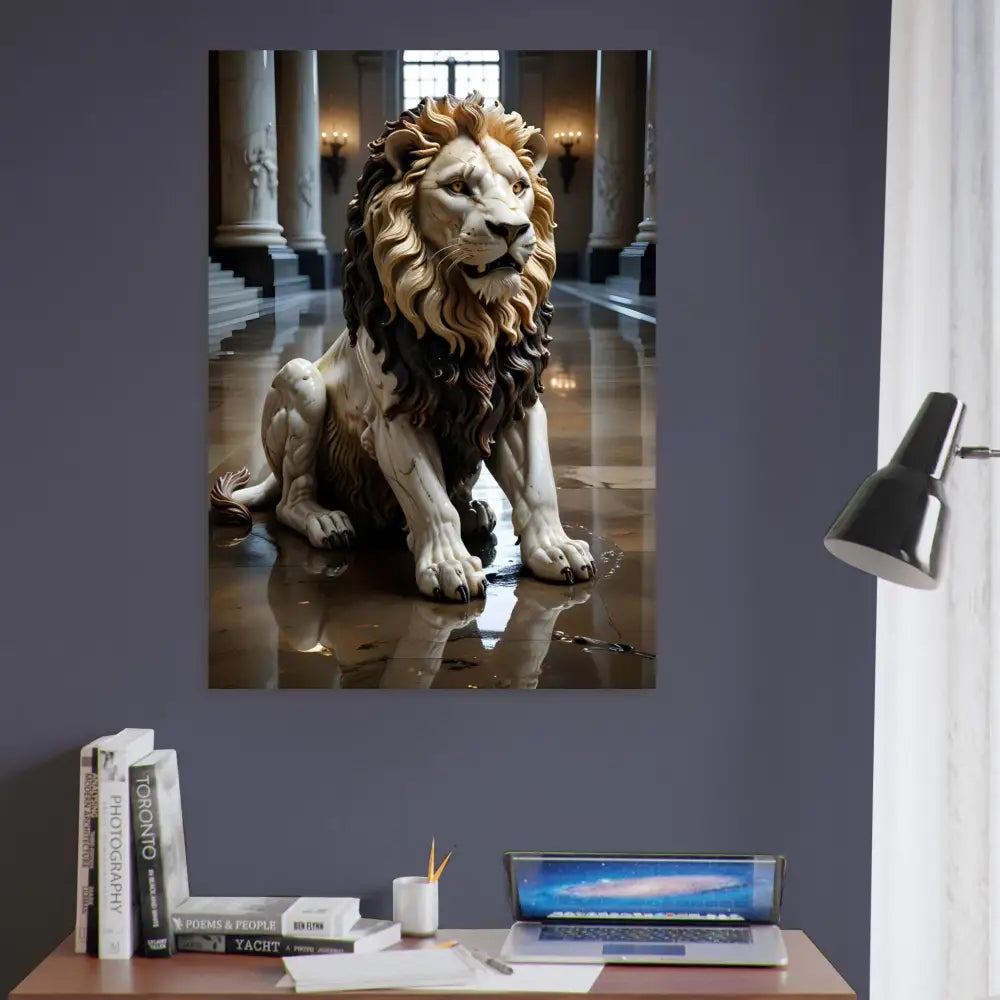 Lion statue art print from PixiOnyx Regal Sculpture Series in grand hall setting