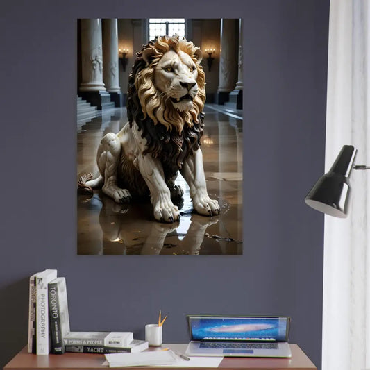 Lion statue art print from PixiOnyx Regal Sculpture Series in grand hall setting