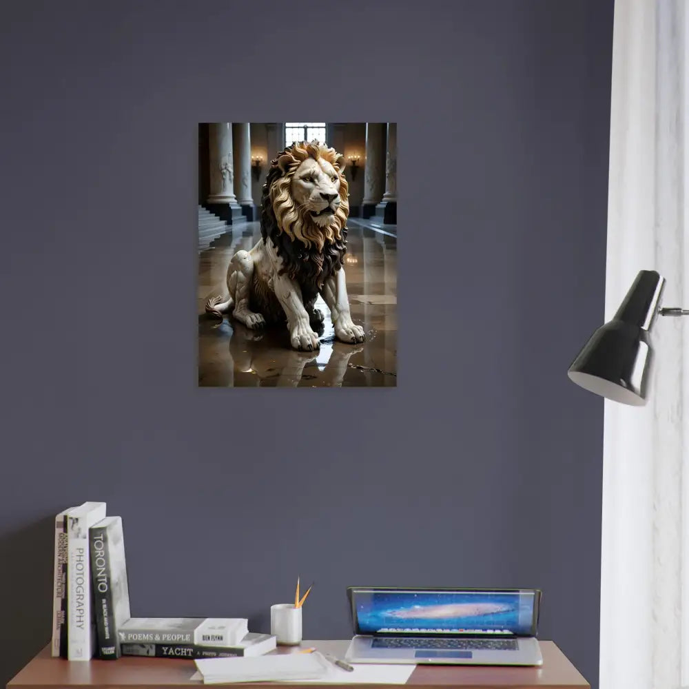 Marble lion statue art print from PixiOnyx Regal Sculpture Series in grand hall setting