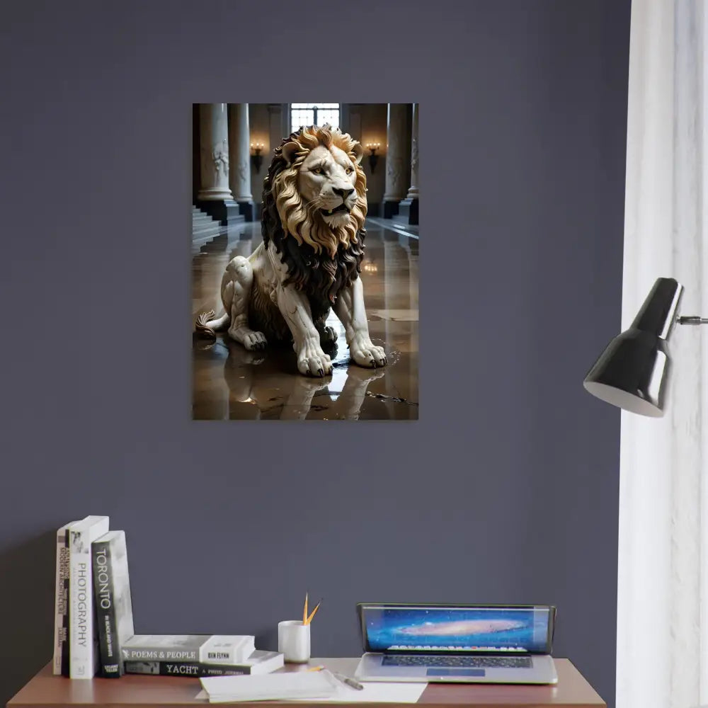 Lion statue art print displayed in Fine Art Poster Marble Lion in Grand Hall