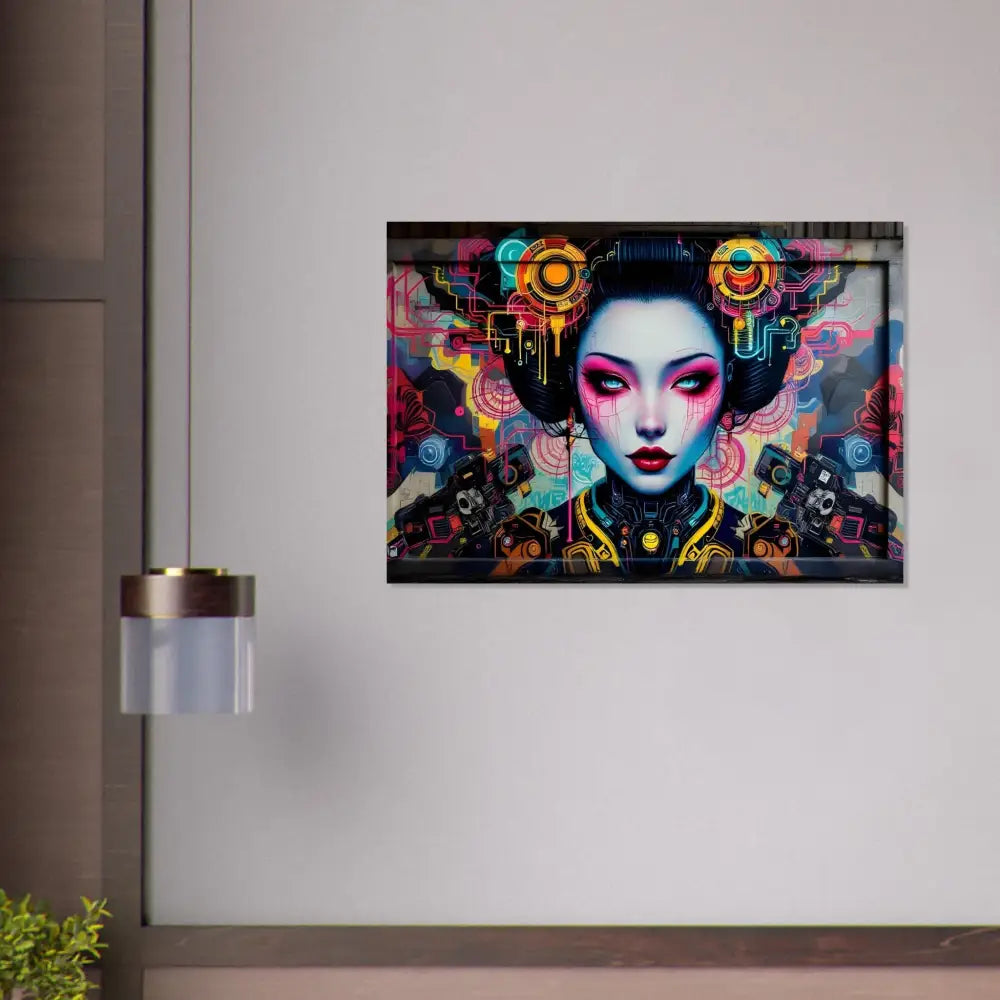 Framed cyberpunk geisha art from Fine Art Poster Mech Shrine Geisha PixiOnyx Urban Circuit Icon