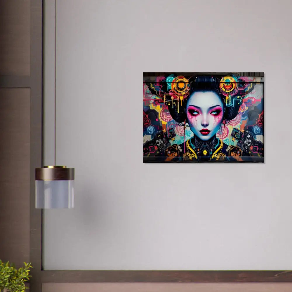 Cyberpunk geisha wall art in electronic-inspired futuristic style for Mech Shrine Geisha poster