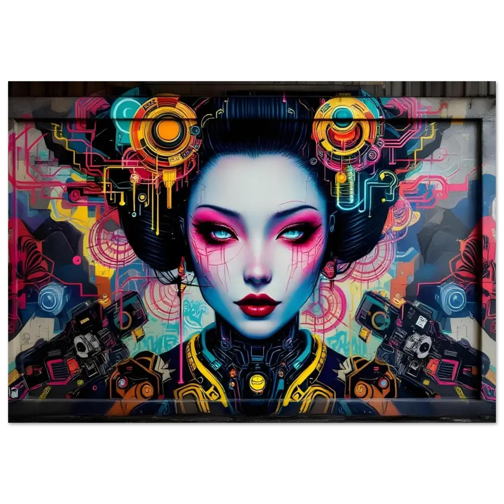 Cyberpunk Geisha mural on Fine Art Poster Mech Shrine Geisha PixiOnyx Urban Circuit Icon