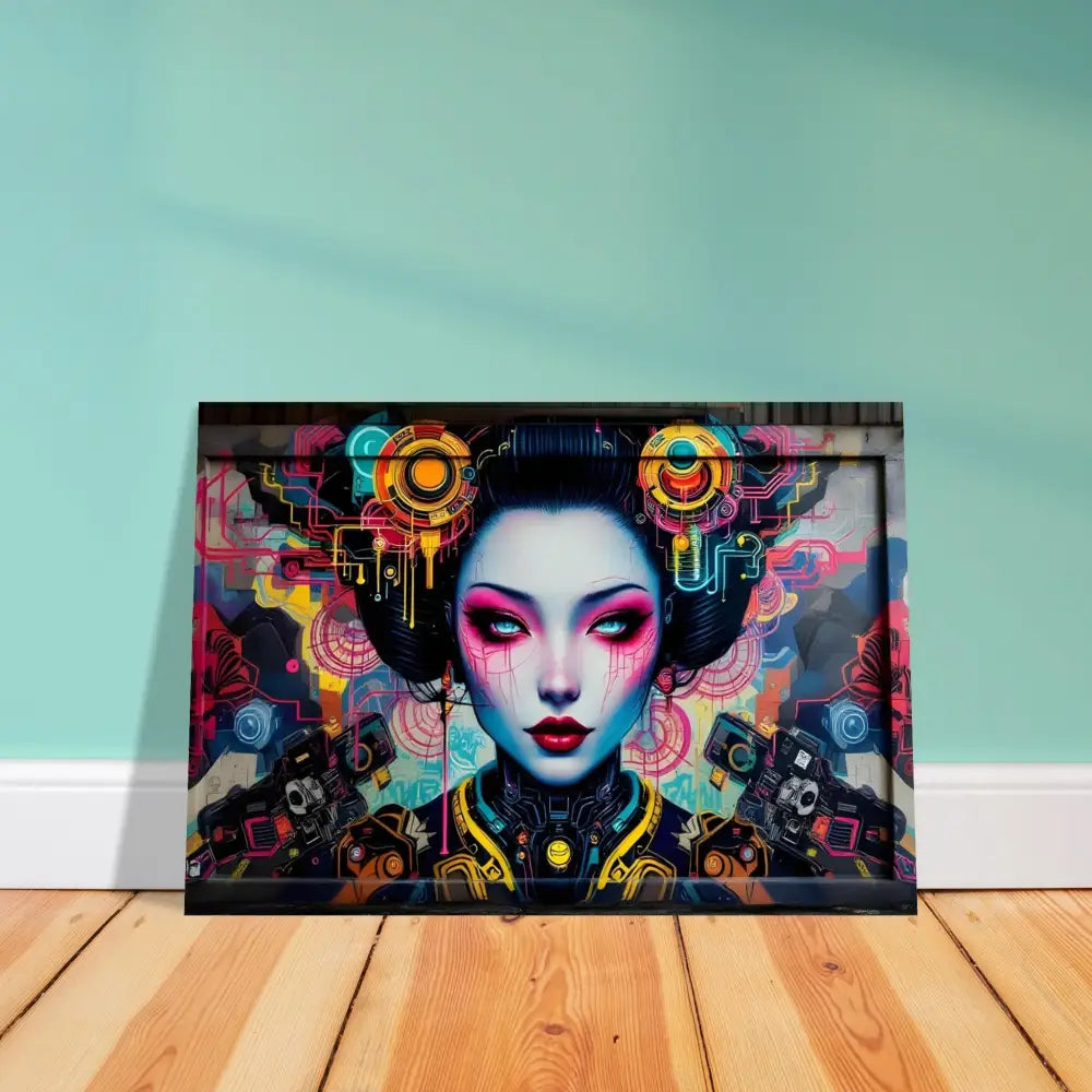 Framed cyberpunk geisha art poster titled Mech Shrine Geisha by PixiOnyx Urban Circuit Icon