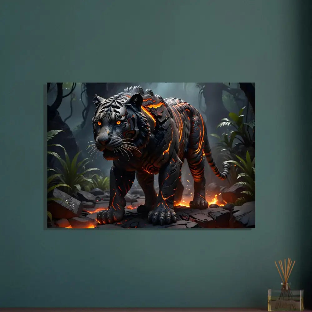 Lava-infused tiger canvas art from Fine Art Poster Molten Majesty by PixiOnyx Fantasy Predator of Nature’s Fury
